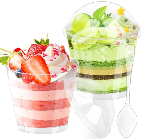 Huanmin 50 Stück Dessertschalen Einweg 180ml Dessertgläser mit und Deckel Löffeln Plastik Dessertschalen Set, Klare Dessertschalen Wiederverwendbar DIY Rund Dessertschalen für DIY Desserts Mousse Eis