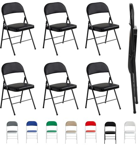 mcc direct Lot de 6 chaises pliantes en similicuir avec cadre métallique et assise rembourrée, faciles à plier et à ranger pour la maison, le bureau, la salle à manger et la réception (Noir)