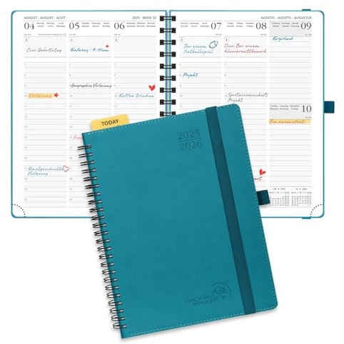 POPRUN Kalender 2025 2026 Wochenplaner (Aug.2025-Dez.2026) Ringbuch mit Softcover, ca. A5 (22 x 16,5 cm), 17-Monate-Terminplaner Terminkalender 1 Woche 2 Seite mit Zertifiziertem Papier - Pazifikgrün