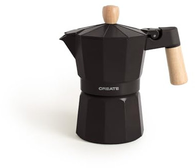CREATE / THERA MOKA RETRO/Cafetera italiana sin adaptador para inducción negro/Capacidad de 6 tazas, aluminio, 350 ml, válvula de seguridad, apta para gas, cocina eléctrica o vitro
