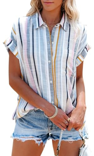 Cicy Bell Blusa de manga corta para mujer, diseño de rayas, cuello en V, camisa a rayas para verano, informal, con botones