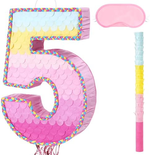 WERNNSAI Number 5 Pinata Pink 5th Birthday Decoration Rainbow Number Pinata | 5th Birthday Party 5 Year Anniversary Decoration Party Supplies with Blindfold Stick Pull Strings