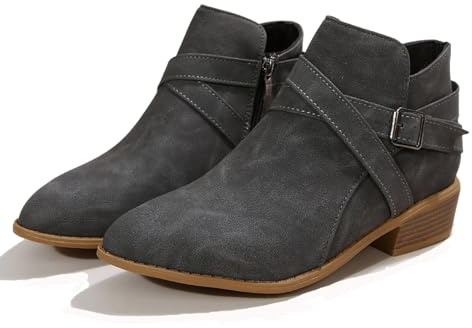 AZAGNEEM Women's Leather Buckle Strap Chunky Heel Ankle Boots with Side Zipper Fashion Comfortable Round Toe Low Stacked Heel Booties for Daily Casual Work Short Boots (Gray,8)