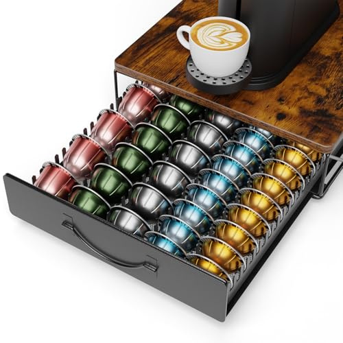 HFHOME Soporte para cápsulas Nespresso Vertuo, soporte para cápsulas de café con placa de grano de madera, dispensador de cápsulas antideslizante y silencioso para 60 cápsulas Vertuo, cajón de