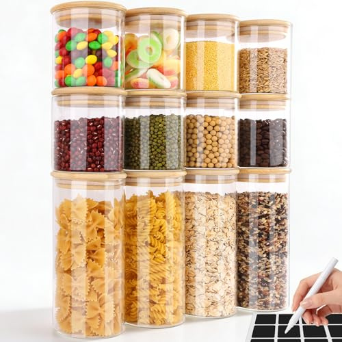 Otauoaea 12 Piezas Botes de Cristal con Tapa, 4x 750ml + 8x 350ml - Tarros de Cristal con Tapa - Botes Cocina Almacenaje Hermeticos - Frascos Vidrio para Pasta, Cereales, Legumbres, Café