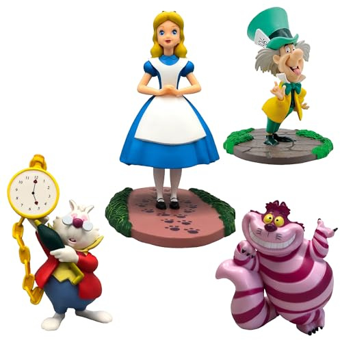 Bullyland Set Disney Alice nel Paese delle Meraviglie – Alice, Cappellaio Matto, Bianconiglio e Stregatto, Figurine Dipinte a Mano Senza PVC, Figure Collezionabili e Cake Design, 3+
