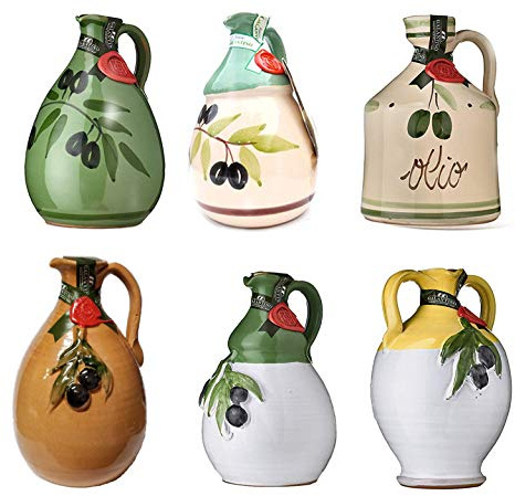 Two (only) of GALANTINO Extra Virgin Olive Oil in Hand Painted Ceramic Amphora, You Get Two Jugs from The Six Shapes and Styles, 17 Ounce (500ml), A loaf of Bread, a jug of Olive Oil, and Thou