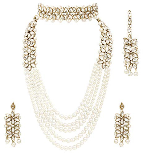 Aheli Wedding Party Wear Bridal Jewellery Choker Long Pearl Necklace Earrings Maang Tikka Indian Traditional Set Gift for Women White