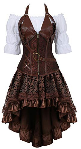Grebrafan Steampunk Leather Corsets Bustiers Skirt Blouse Set 3 Piece Boned Corset Outfits for Women (UK(16-18) 3XL, Brown)