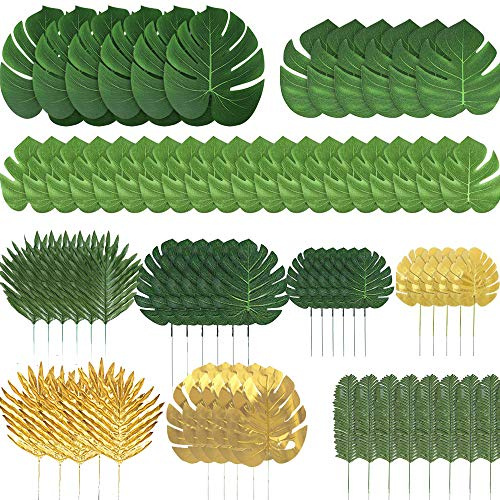 Ledoira 72 Pieces 10 Kinds Artificial Palm Leaves Golden Tropical Leaves with Stems Jungle Leaves Decorations for Hawaiian Luau Party Beach Baby Shower Wedding Birthday