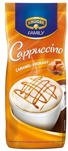 KRÜGER Family Cappuccino Caramel-Krokant, aromatisiertes Getränkepulver mit löslichem Bohnenkaffee, koffeinhaltig, 500 g Beutel