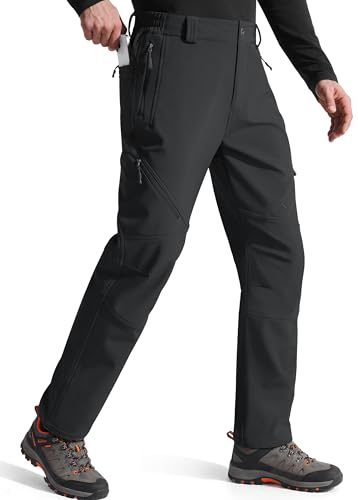 FREE SOLDIER Men's Fleece Lined Outdoor Cargo Hiking Pants Water Repellent Softshell Snow Ski Pants with Zipper Pockets(Black 34W x 32L)