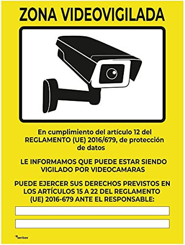 Seribas Señal Zona Videovigilada Cartel de PVC rígido 0,7mm 20 x 15cm Amarillo Tinta y Material Resistente Interiores y Exteriores