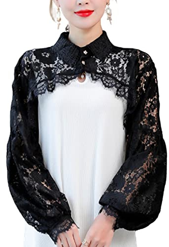 LoudSung Maniche staccabili Abiti da sposa Crop Top collare finto mezza camicia camicetta in pizzo cotone elegante per le donne ragazze, Lace-black, 48