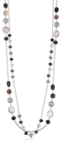 FULU AUTUMN Collier Long en Argent pour Femme Collier Élégance à Double Pendentif en Perles de Cristal Bijou de Mode Cadeau pour Femmes(09-Black)