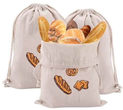 3pcs Sacs à Pain Rangement Écologique Biologique Réutilisables en Lin, Sac Baguette à Longue Conservation Aliments Pain Tissu Sacs Avec Cordon de Serrage pour Pain pour Fruits, Légumes