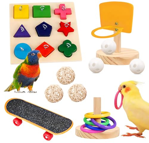 MEYAGOT Set di 4 giocattoli per pappagalli, giocattolo per pappagalli, giocattolo per pappagalli, giocattolo per addestramento per parrocchetti, conure, ara, fringuelli