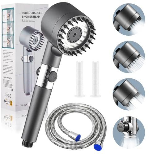 Cabezal de Ducha Multifuncional, Alcachofa de Ducha Con Filtro + 2 Filtros, Alcachofa Ducha Antical con Manguera de 1.5M, 4 Modos de Rociado Cabezal de Ducha de Alta Presión