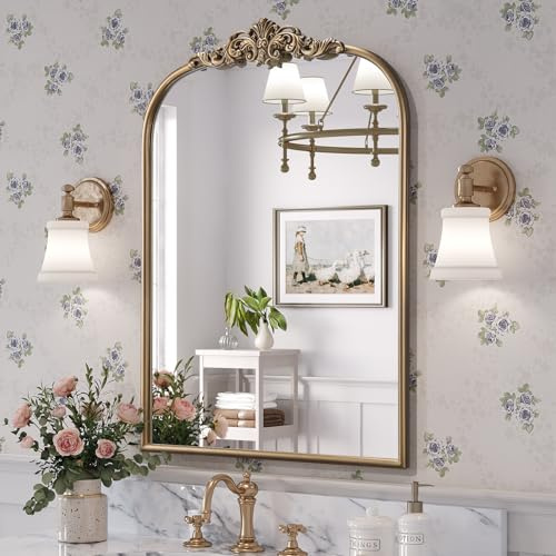 Brauthon Antique Baroque Gold Mirror, 24” x 32” Vintage Vanity Mirror for Fireplace Mantel, Arch Bathroom Mirror for Wall with Ornate Metal Frame for Entryway Bedroom Living Room