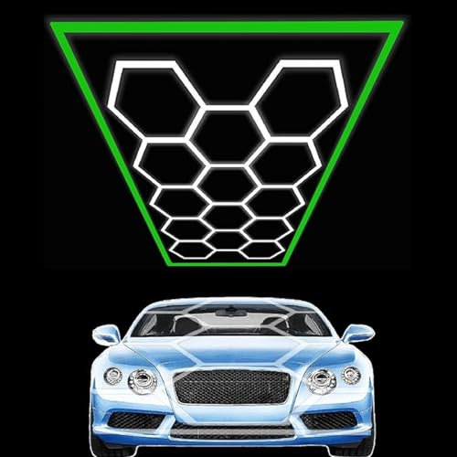 HJDSUDU Luminaire de Garage à LED en nid d'abeille, plafonnier enfichable, Ensemble de 14 lumières hexagonales à Grille 6500K avec Cadre rectangulaire pour Garage,Green Frame
