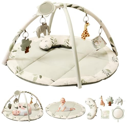Fortella Baby Play Gym & Activity Playmat, Sensory Mat for Floor w Hanging Toys, Mirror, Support Pillow - Ideal for Newborn Tummy Time, Infant Development, Suitable for 0-3-6-9-12 Months (Sage)