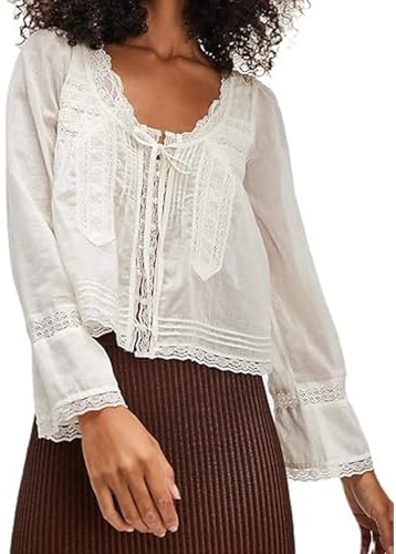 RUIWANBBY Women's Lace Tie Front Top Y2k Coquette Long Sleeve Ruffle Button Down Cardigan Shirt Going Out Flowy Peplum Tops (Ivory, S)
