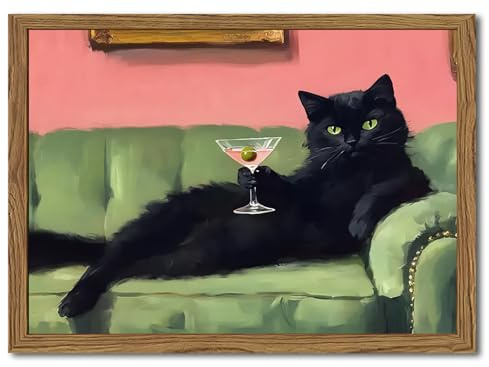 Funny Black Cat Martini Wall Art, Bar Cart Decor, Eclectic Cocktail Painting Canvas Print, Cute Animal Artwork Picture for Bedroom Living Room Kitchen 12x16 inch Wood Framed