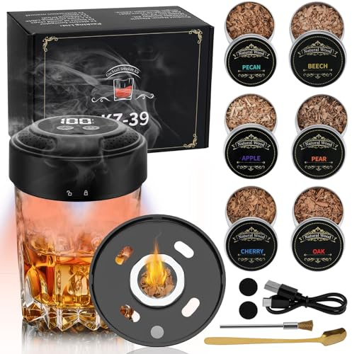 Electric Cocktail Smoker Kit, Rechargeable Whiskey Smoker Kit Flame Free Cocktail Smokers Infuser with 6 Flavors Wood Chips, Whiskey Gift Sets for Men Dad Husband