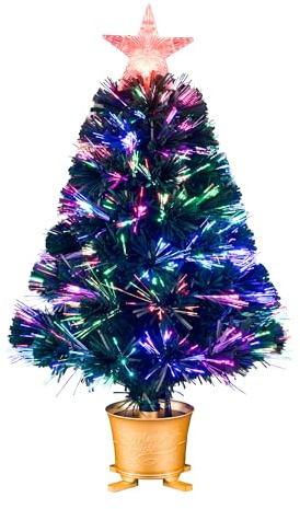 YUETJIN 24inch Pre-lit Mini Fiber Optic Tabletop Artificial Christmas Tree，Small Xmas Tree with Stars Decorations-Transparent