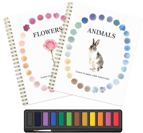 2Pcs Watercolour Workbooks for Adults, Watercolour Book for Beginners, 12 Colors Water Colour Paints Set with Brush, Nature Scenes Art Crafts Kit for Men Women Gifts (Flower+Animal)