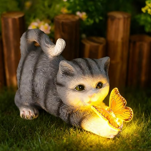 Figura decorativa de jardín de gatos, figura de jardín, estatua de resina de gato con linterna solar, batería IP65, resistente a la intemperie, estatua solar de gato para exterior, para terraza
