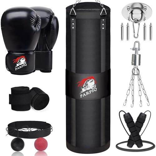 120 cm hängande boxningssäck i canvas för vuxna | Inkluderar boxningshandskar, handledsband, hopprep och reaktionsboll | Perfekt för MMA, kickboxning och muay thai