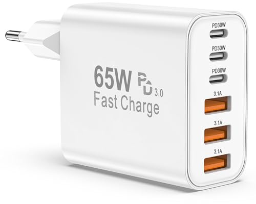 BSTOEM Cargador Carga Rapida USB C 65W 6 Puertos rapido, Múltiple 25W (MAX)
