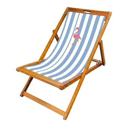 Lister Cartwright Wooden Folding Deck Chair with Fabric Sling – Adjustable Reclining Garden Chair, Beach Chair, Patio Lounger, Outdoor Seating(Flamingo Stripe)
