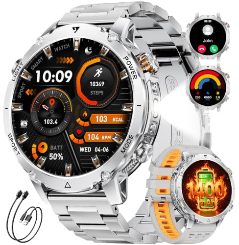 1400 mAh Batterie Montre Connectée Homme, 1,7 HD Smartwatch Militaire avec Appel Bluetooth, 100+ Modes Sport, IP68 Montre Fitness, Cardíaco/Sueño, LED Lampe, Montre de Sport pour Android/iOS, Argent