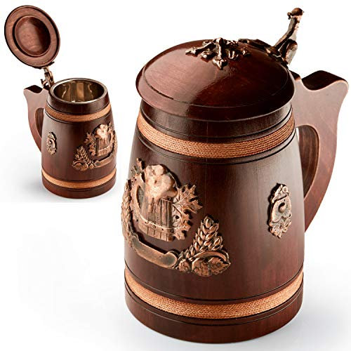 Wooden Medieval Beer Tankard with Lid - 0.5L Large and Heavy Duty Solid Oak Wood Stein - Mug is Lined with Stainless Insert - Impressive Gift