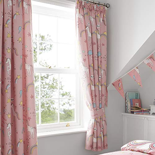 Happy Linen Company flickor barn enhörningar regnbågar rosa 168 cm x 183 cm helt fodrad pennveckat gardinset