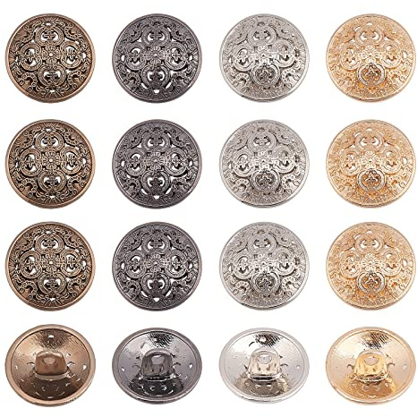 OLYCRAFT Juego de 40 botones de metal de 15 mm, vintage, redondos, con 1 agujero, con diseño de flores, para blazers, trajes, abrigos, uniformes, chaquetas, 4 colores