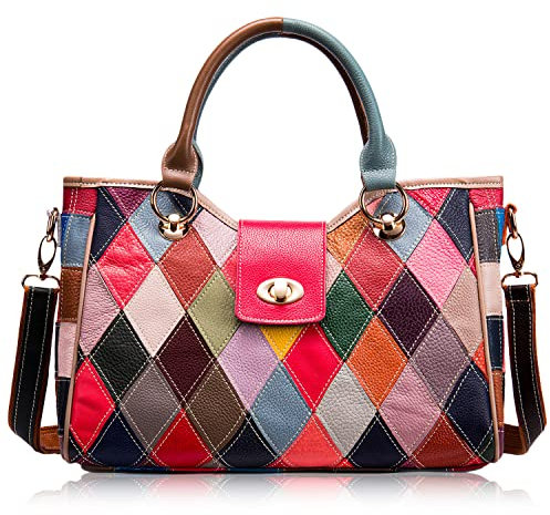 Karoukee Damen Handtasche mit Buntem Patchwork Design, Stilvolle Leder Umhängetasche, Mode Schultertasche mit Verstellbarem Riemen, Top-Griff Henkeltasche Tote Bag Geldbörse für Frauen