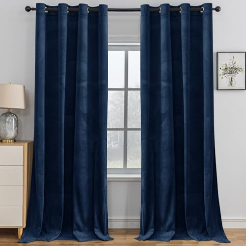 YSTELLAA Sammetsgardiner Om 2 Set, 140 X 245 Cm, Ljustäta För Sovrum, Termiska Gardiner Med Öljetter, Ljudisoleringsgardin Termiskt Isolerad, Värmeisolerande Gardiner För Vardagsrum, Blå