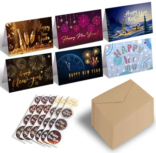 PopManko Lot de 24 cartes de bonne année 2024, multipack de cartes de vœux du Nouvel An avec enveloppes et autocollants de bonne année, assortiment en vrac 2024, cartes de réveillon du Nouvel An pour