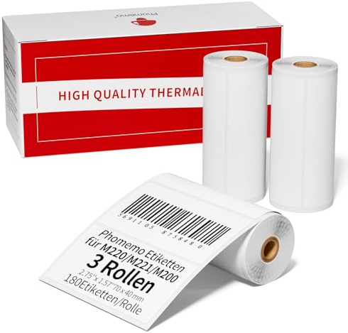 Phomemo 3 Rotoli di Etichette Termiche per Stampante per Etichette M221/M220/M200, 70mm x 40 mm per Codici aBarre, Indirizzi, Mailing, Francobolli, Etichette Commerciali e Domestiche, Nero su Bianco
