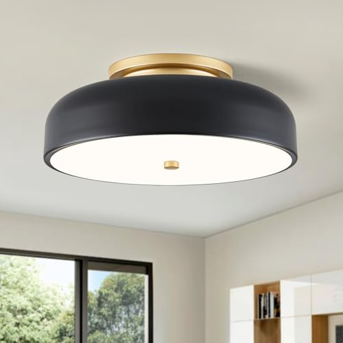ONESMING Dimmable LED Ceiling Light Fixture, 2700K-6000K 5CCT Modern Mid-Century Semi Flush Mount Ceiling Light, Black Close to Ceiling Lamp for Kitchen, Laundry Room, Bedroom, Hallway, 11.8in