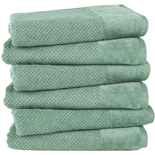 Pure Label 6-TLG. Badetücher Set mit Anhängeschlaufe aus 100% Baumwolle, saugstark, weich und Oeko-TEX Zertifiziert - 6 Badetücher aus Baumwolle 70x140 cm, Grün - Salbeigrün