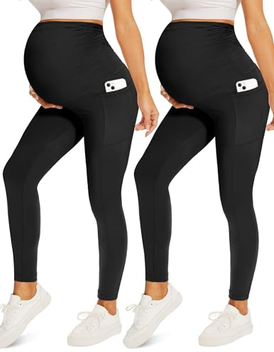Fotociti 2/3/4 Pack Maternity Leggings with Pockets Over The Belly,Womens Pregnancy Workout Yoga Active Soft Tights Pants