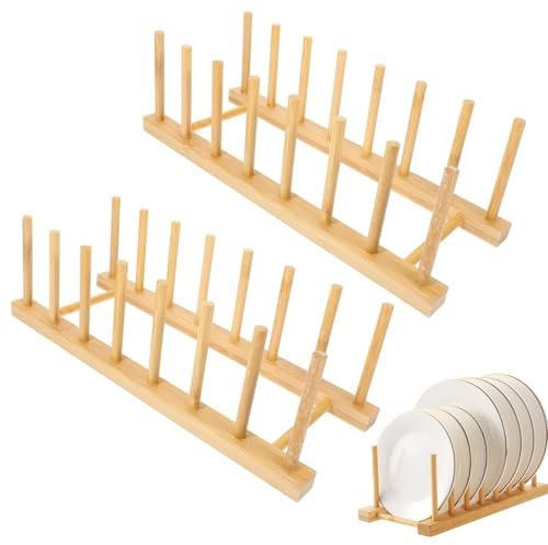 JJiaoLinin Scolapiatti da Appoggio, 2 Pezzi Scolapiatti Legno Bambu, Supporti per Piatti in bambù Portapiatti per Armadietti Scolapiatti Legno per Libro, Piatti, Tazze, CD, Bicchiere per Vino