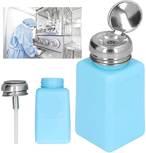 ZenithAur Press Type Solvent Dispenser 200ml, ESD Safe Anti Static Square Bottle, HDPE and Stainless Steel Liquid Dispenser for Dispensing Oil (Blue)