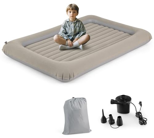 LIFEZEAL Kinder Luftbett, Aufblasbares Kinderbett für Kinder, Tragbares Kinderbett mit Tasche, elektrischer Pumpe, Reparatur-Set, Max. 150 kg, 165 x 118 x 20 cm (Grau)
