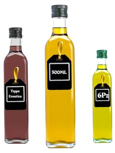 6 Bottiglie Vetro 500ml con Tappo a Vite e salvagoccia - 6 tappi e salvagoccia inclusi - Bottiglie Vetro per Liquore, Olio, Birra & Vino - Bottiglia vetro vuota trasparente marasca 500ml per olio