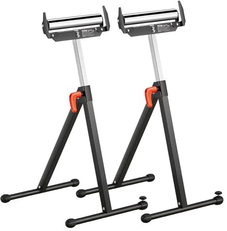 VEVOR Servante à Rouleaux Lot de 2 Support à Rouleau Pliable Capacité Charge 113 kg Hauteur Réglable 685,8-1092,2 mm avec Tête à Rouleau Acier Poli, pour Support Sortie Scie à Table pour Travail Bois